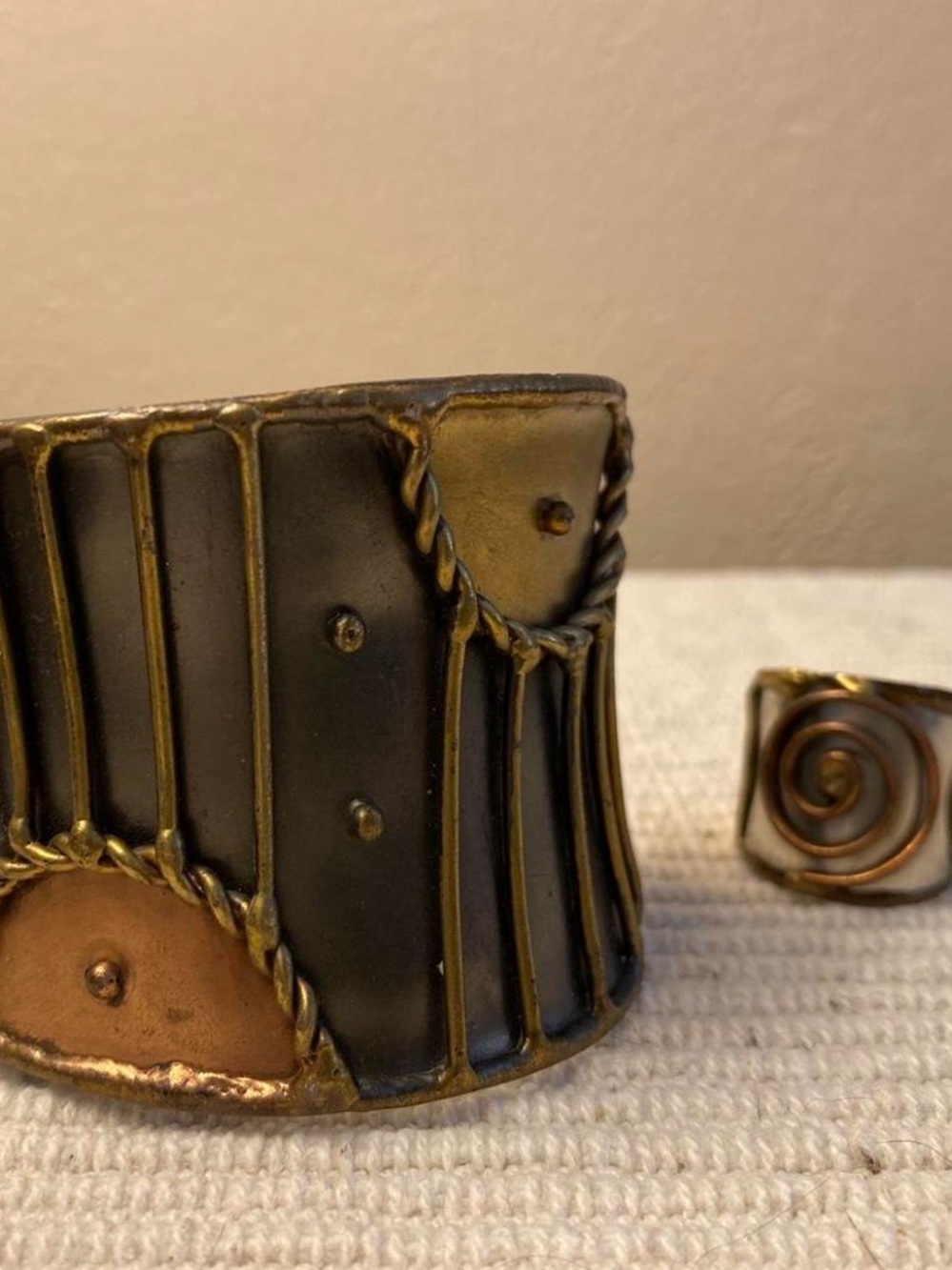 Handcrafted Black and Bronze Wide Cuff Bracelet with Matching Ring